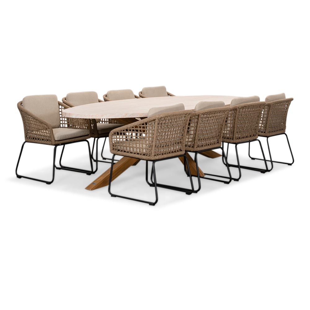 Lorento/Tulum Sahara Dust dining tuinset | 8 personen | travertin + touw | 280cm