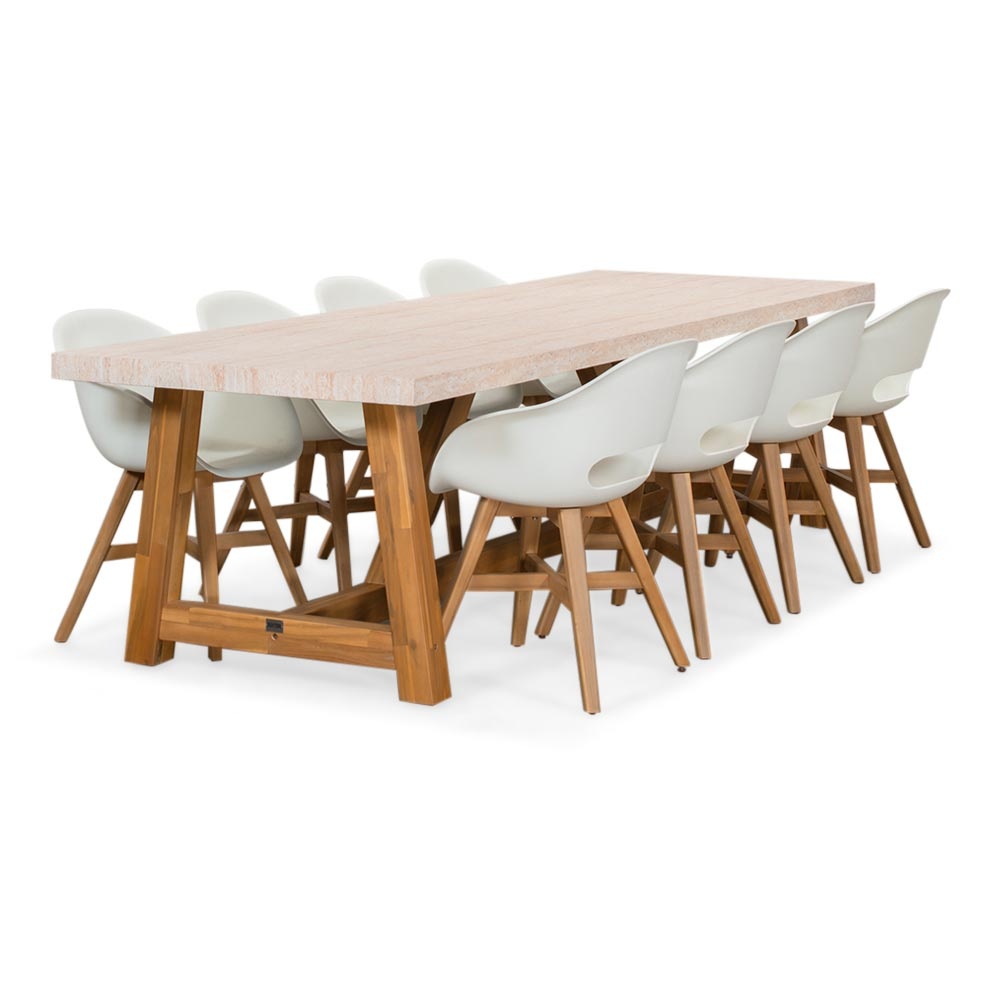 Velora/Karlstad wit dining tuinset | 8 personen | travertin + kunststof | 300cm afbeelding