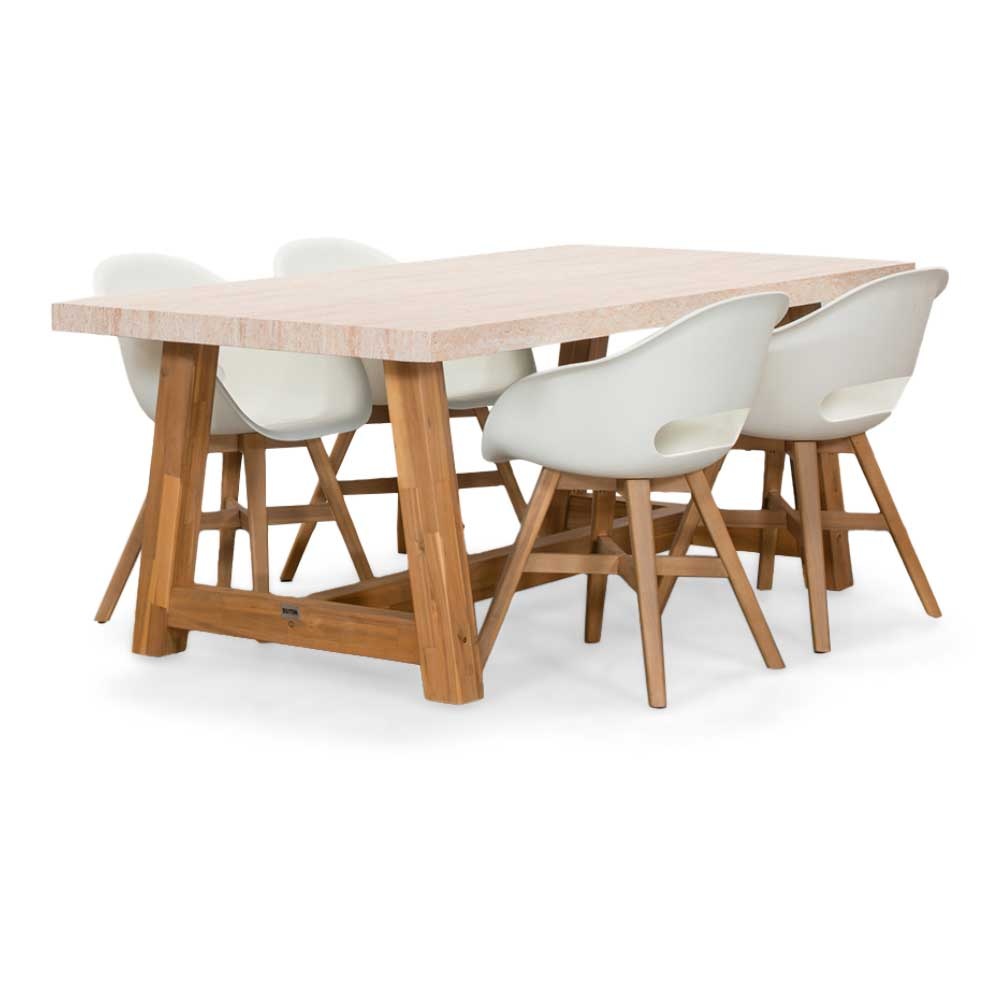 Velora/Karlstad wit dining tuinset | 4 personen | travertin + kunststof | 200cm
