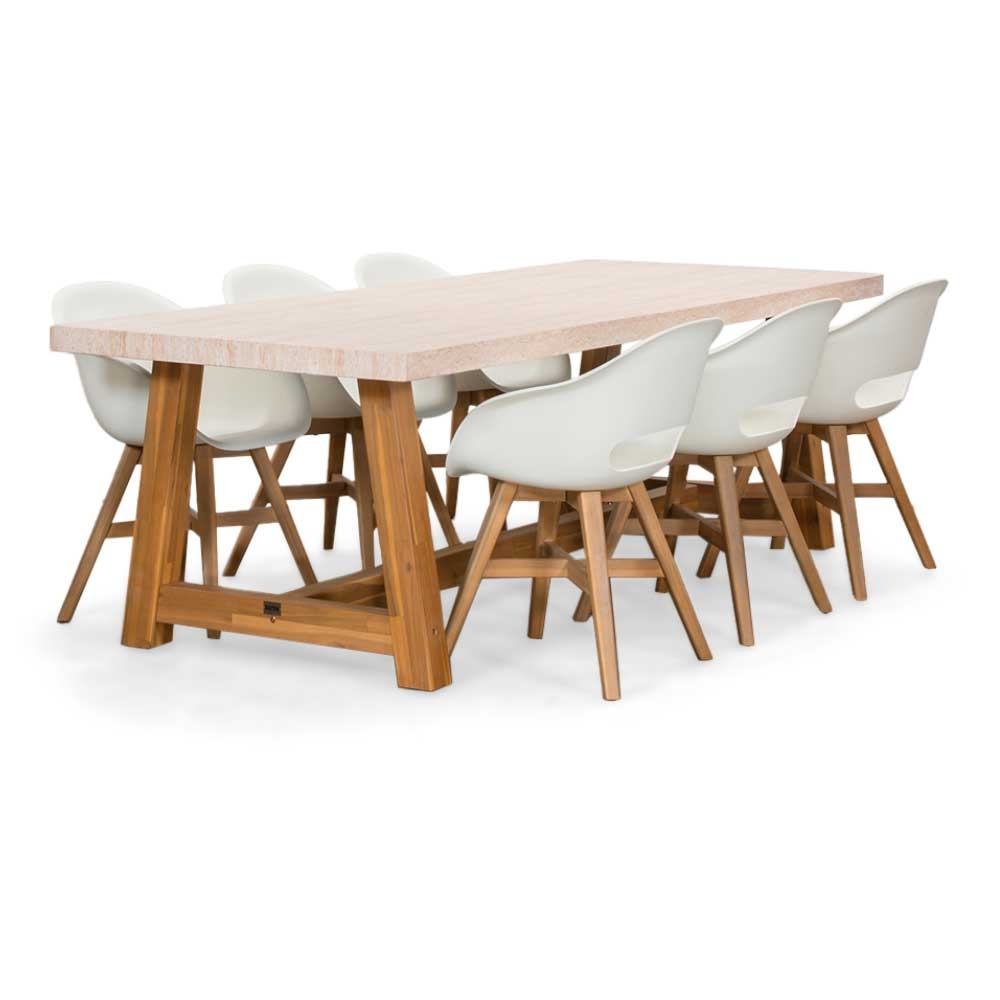 Velora/Karlstad wit dining tuinset | 6 personen | travertin + kunststof | 250cm