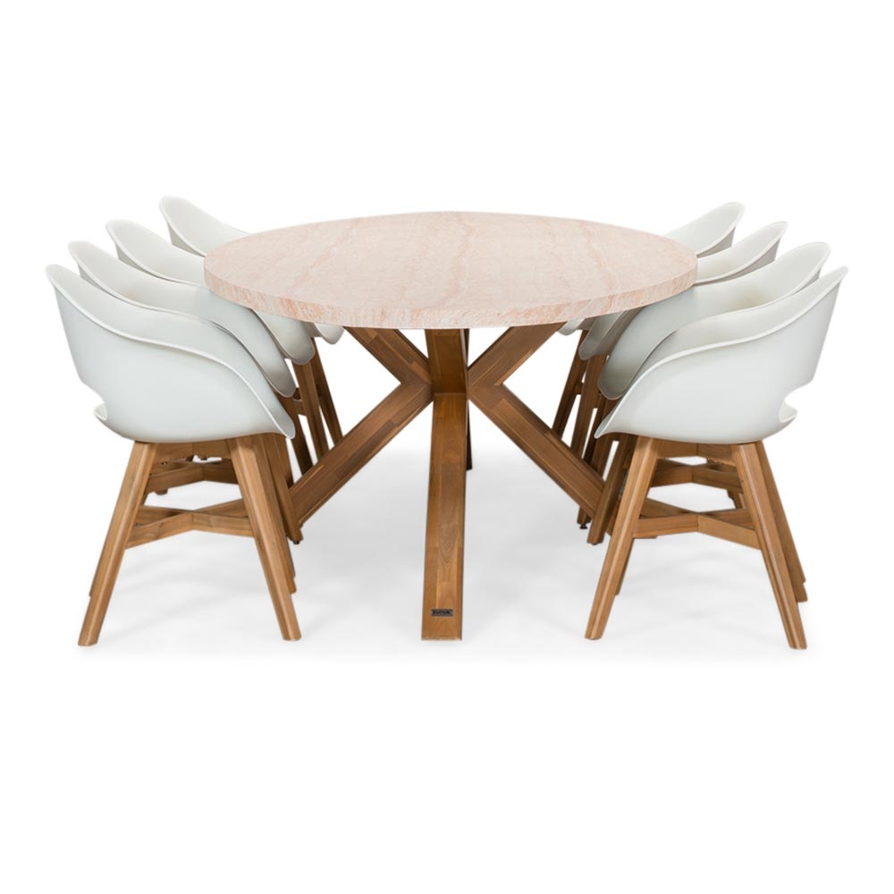 Lorento/Karlstad wit dining tuinset | 8 personen | travertin + hardhout | 280cm