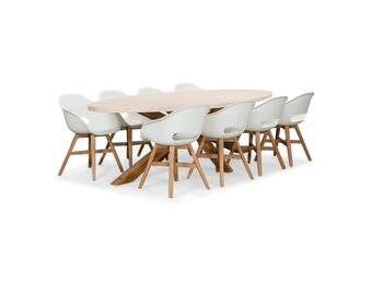 Lorento/Karlstad wit dining tuinset | 8 personen | travertin + hardhout | 280cm