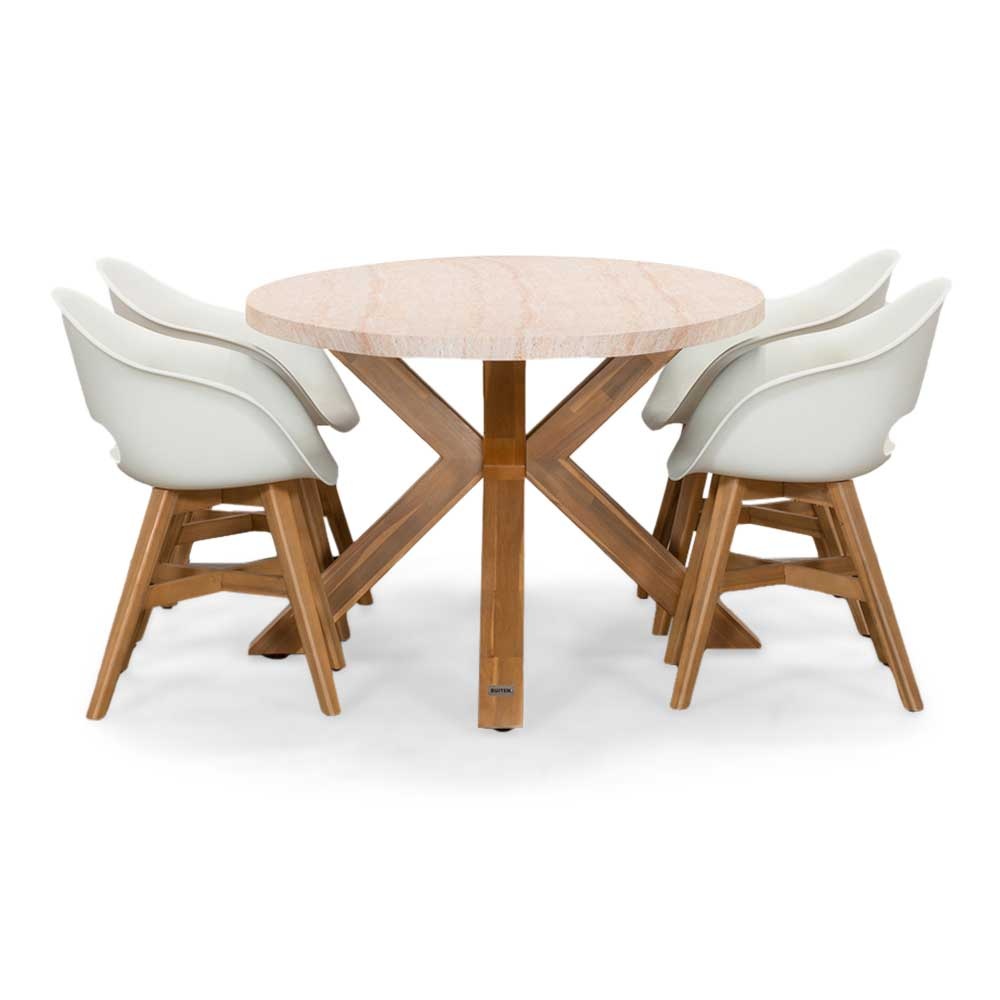 Lorento/Karlstad wit dining tuinset | 4 personen | travertin + hardhout | 200cm