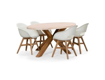 Lorento/Karlstad wit dining tuinset | 4 personen | travertin + hardhout | 200cm
