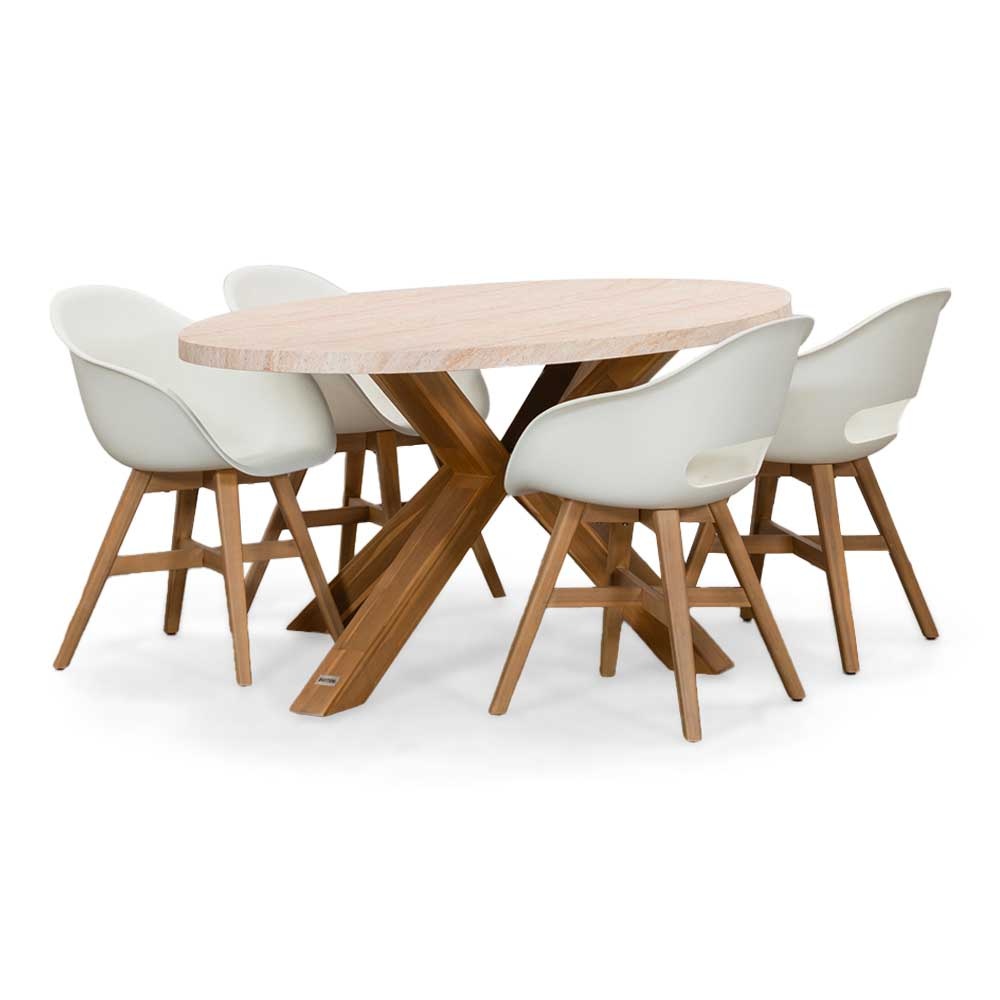 Livorno/Karlstad wit dining tuinset | 4 personen | travertin + hardhout | 200cm afbeelding