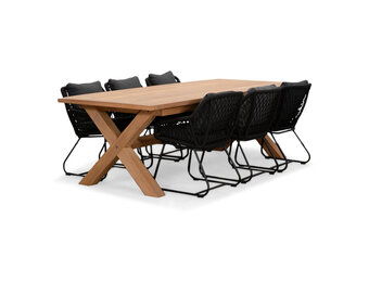 Riga/Portofino zwart dining tuinset | 6 personen | teakhout + touw | 250cm