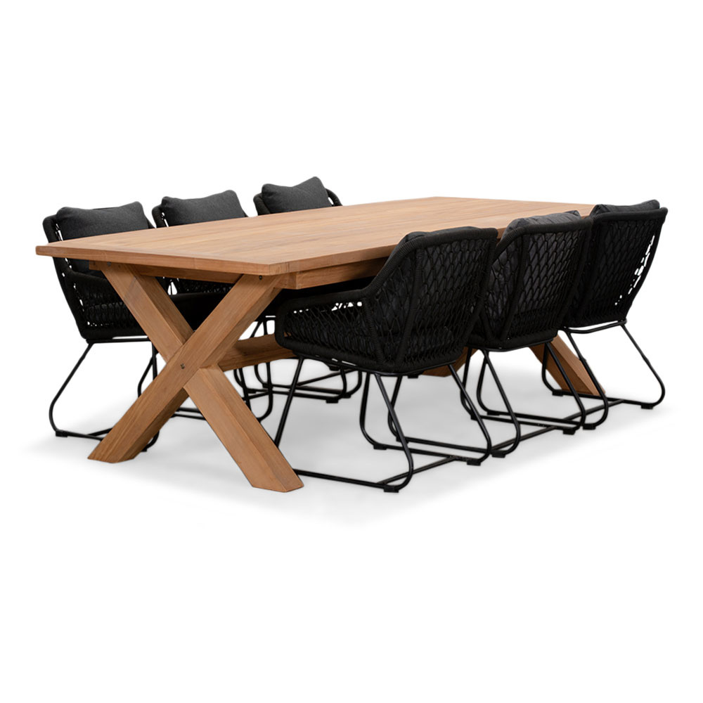 Riga/Portofino zwart dining tuinset | 6 personen | teakhout + touw | 250cm