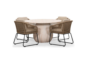 Joep/Tulum Sahara Dust dining tuinset | 4 personen | travertin + touw | 135cm rond