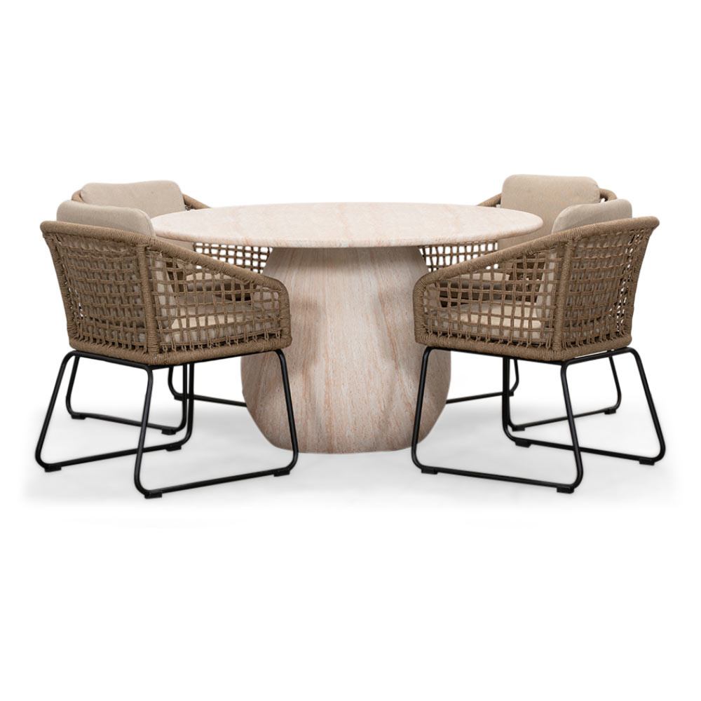Joep/Tulum Sahara Dust dining tuinset | 4 personen | travertin + touw | 135cm rond afbeelding