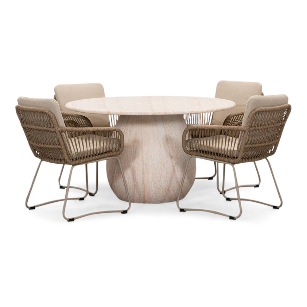 Joep/Harper Sandstone dining tuinset | 4 personen | travertin + touw | 135cm rond afbeelding