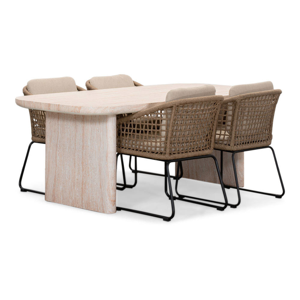 Mees/Tulum Sahara Dust dining tuinset | 4 personen | travertin + touw | 200cm afbeelding