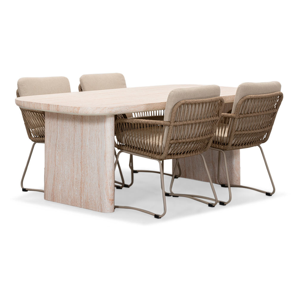 Mees/Harper Sahara Dust dining tuinset | 4 personen | travertin + touw | 200cm afbeelding