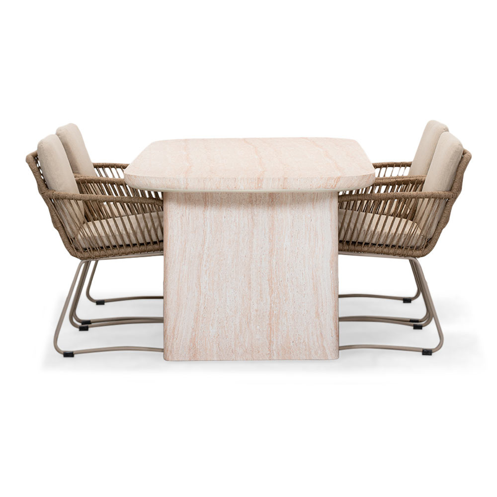 Mees/Harper Sandstone dining tuinset | 4 personen | travertin + touw | 200cm