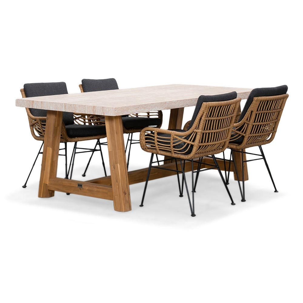 Velora/Carlos antraciet dining tuinset | 4 personen | travertin + wicker | 200cm afbeelding
