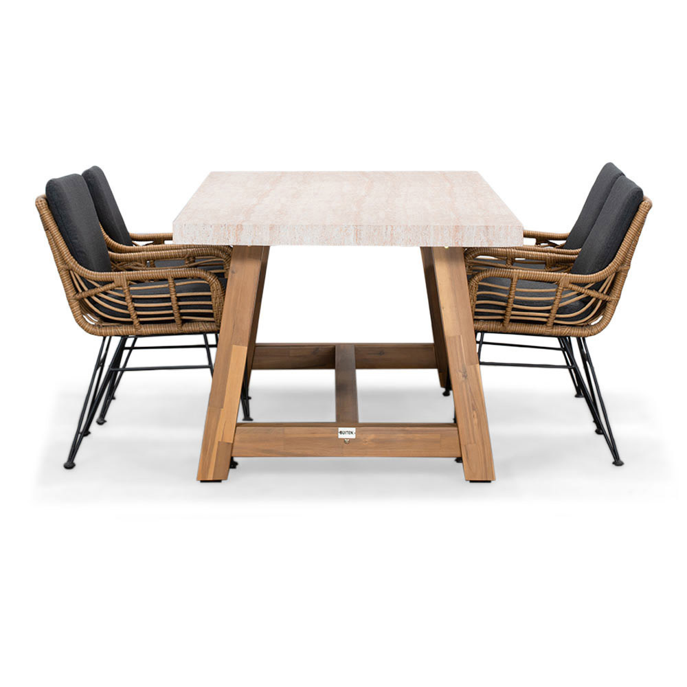 Velora/Carlos antraciet dining tuinset | 4 personen | travertin + wicker | 200cm