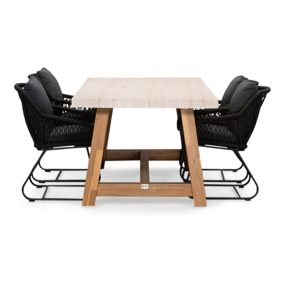 Velora/Portofino zwart dining tuinset | 4 personen | travertin + touw | 200cm