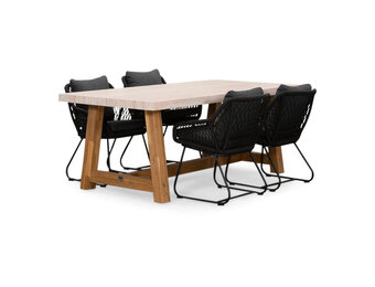 Velora/Portofino zwart dining tuinset | 4 personen | travertin + touw | 200cm