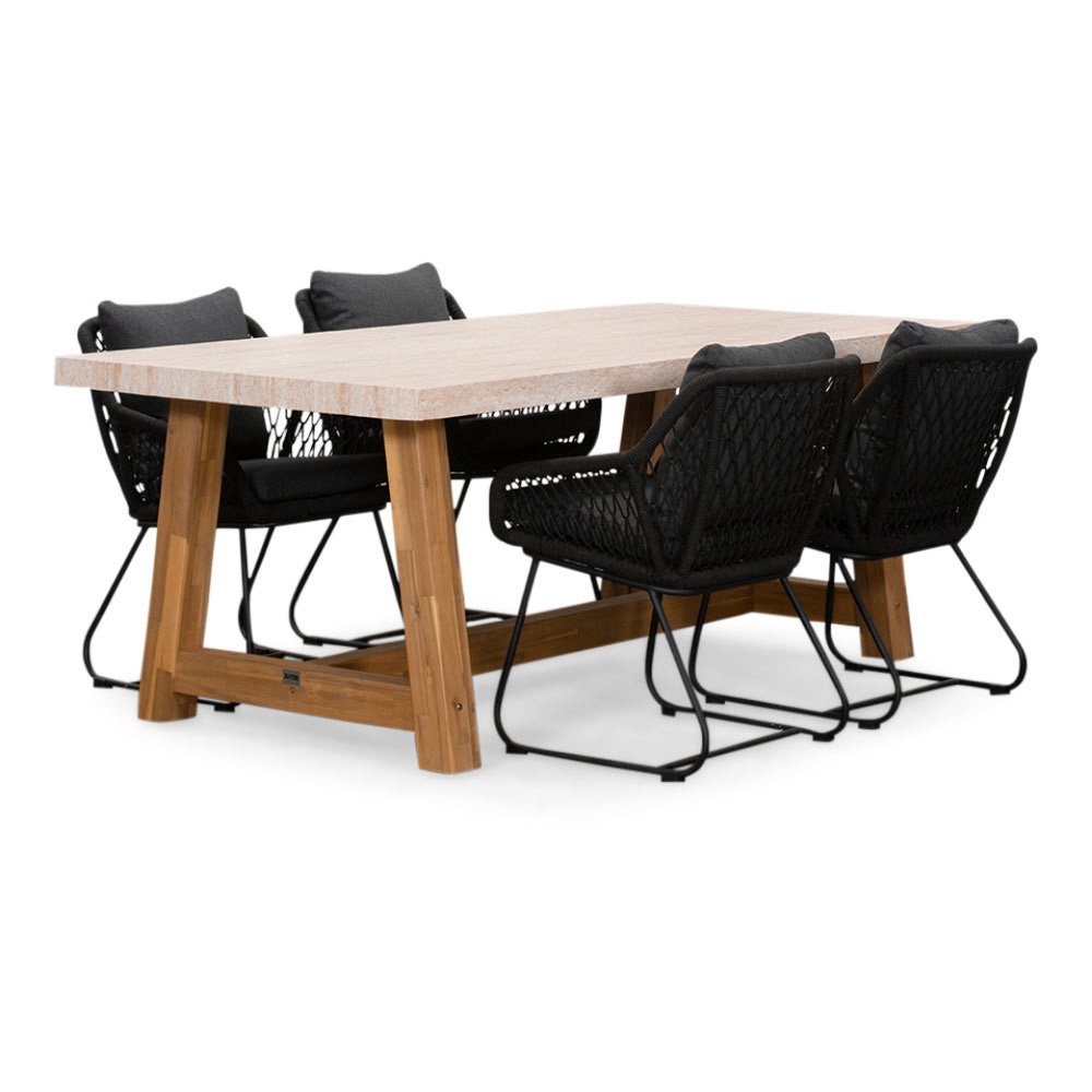 Velora/Portofino zwart dining tuinset | 4 personen | travertin + touw | 200cm