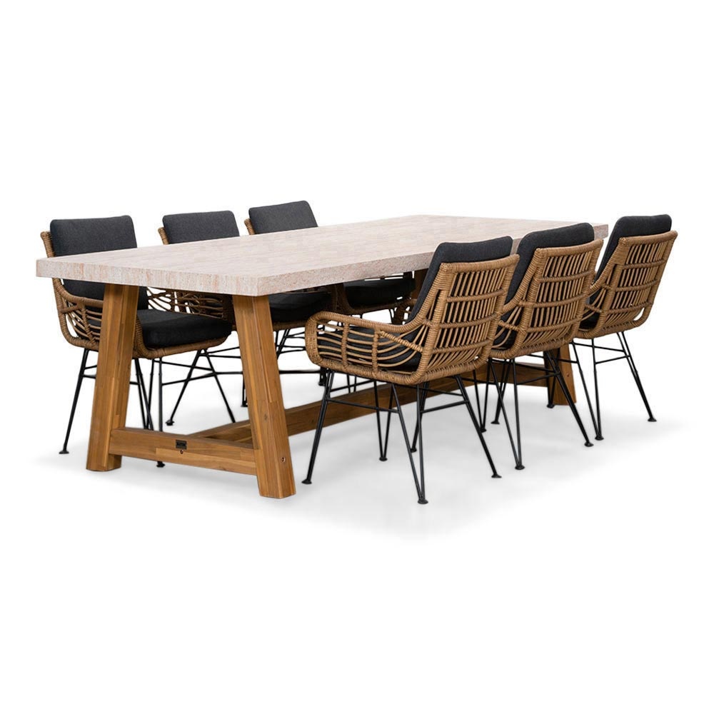 Veltis/Carlos antraciet dining tuinset | 6 personen | travertin + wicker | 250cm afbeelding