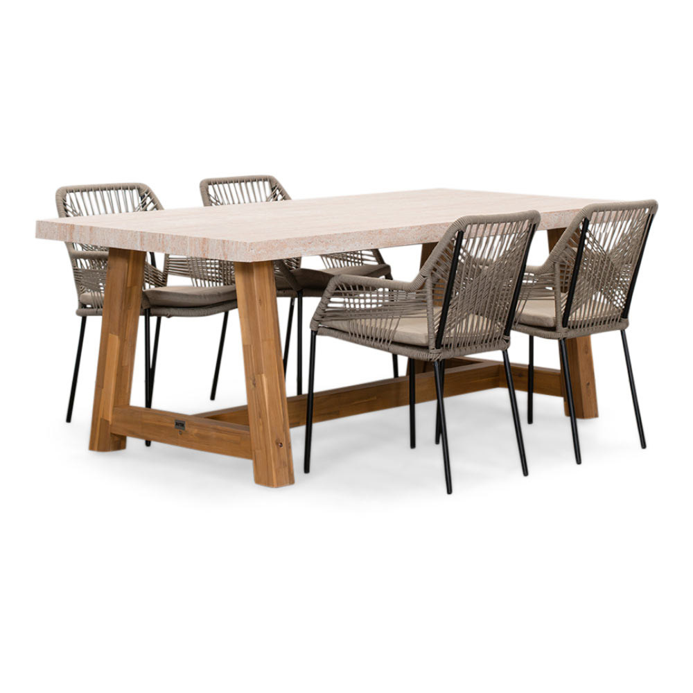 Velora/Seville zand dining tuinset | 4 personen | travertin + aluminium | 200cm afbeelding
