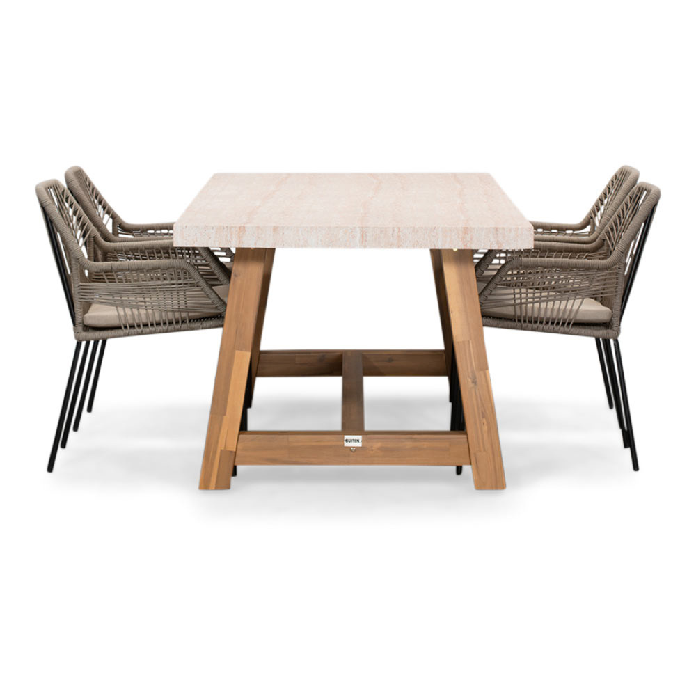 Velora/Seville zand dining tuinset | 4 personen | travertin + aluminium | 200cm