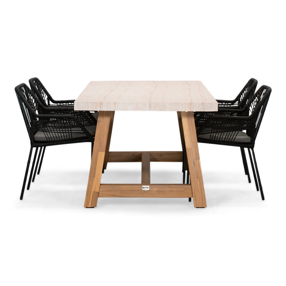 Velora/Seville zwart dining tuinset | 4 personen | travertin + touw | 200cm