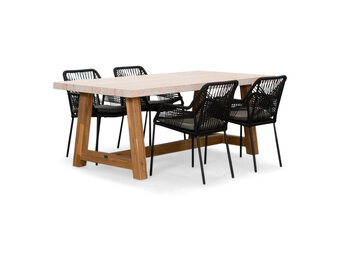 Velora/Seville zwart dining tuinset | 4 personen | travertin + touw | 200cm