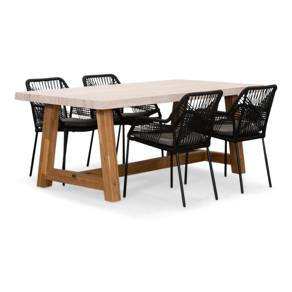 Velora/Seville zwart dining tuinset | 4 personen | travertin + touw | 200cm