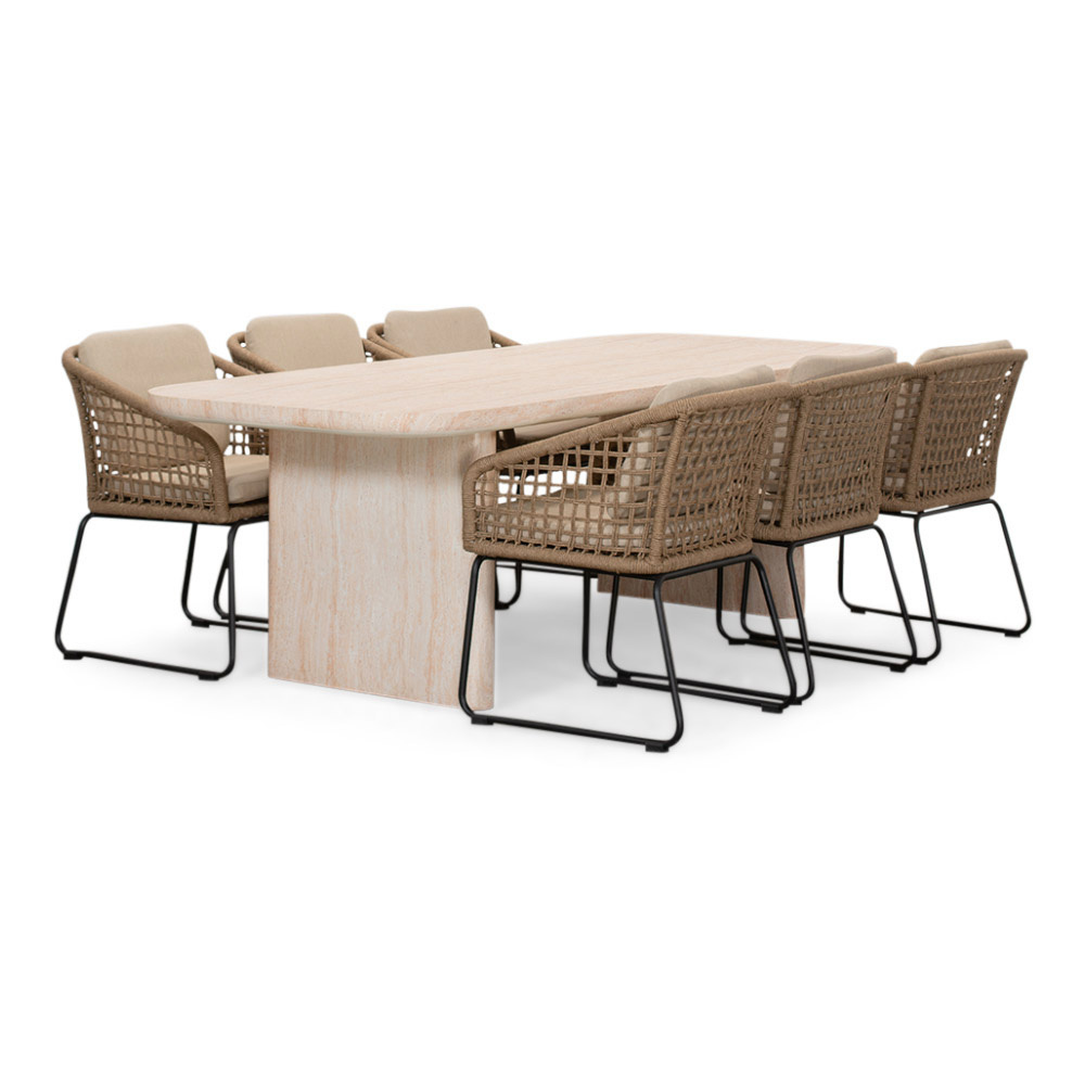 Mees/Tulum Sahara Dust dining tuinset | 6 personen | travertin + touw | 240cm afbeelding