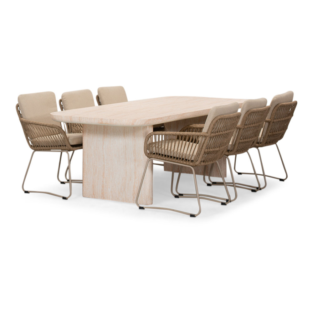 Mees/Harper Sahara Dust dining tuinset | 6 personen | travertin + touw | 240cm afbeelding