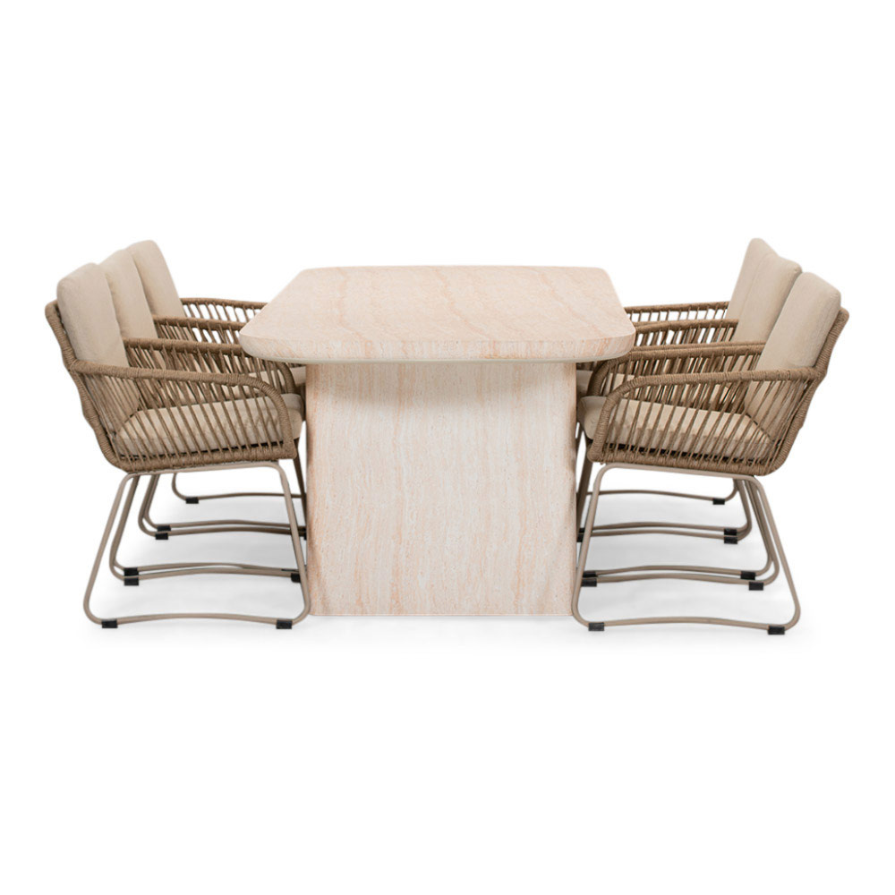 Mees/Harper Sandstone dining tuinset | 6 personen | travertin + touw | 240cm