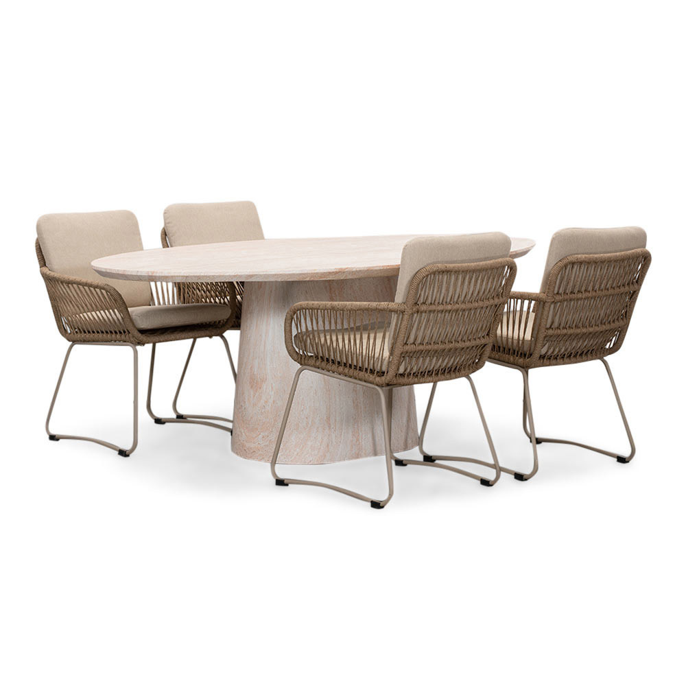 Max/Harper Sandstone dining tuinset | 4 personen | travertin + touw | 200cm ovaal afbeelding