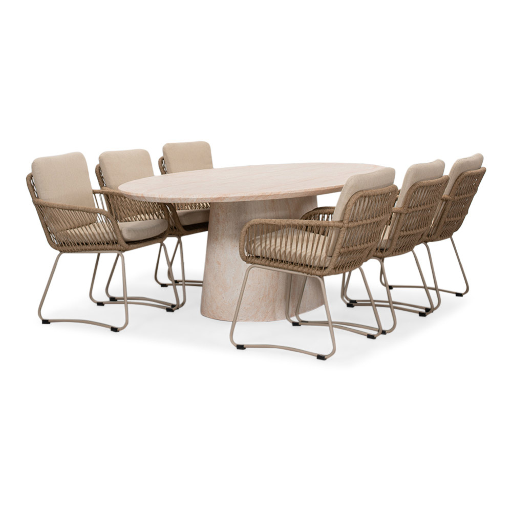 Max/Harper Sandstone dining tuinset | 6 personen | travertin + touw | 240cm ovaal