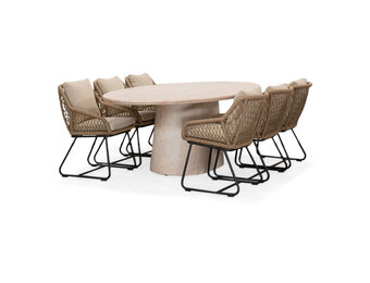 Max/Portofino Sahara Dust dining tuinset | 6 personen | travertin + touw | 240cm ovaal