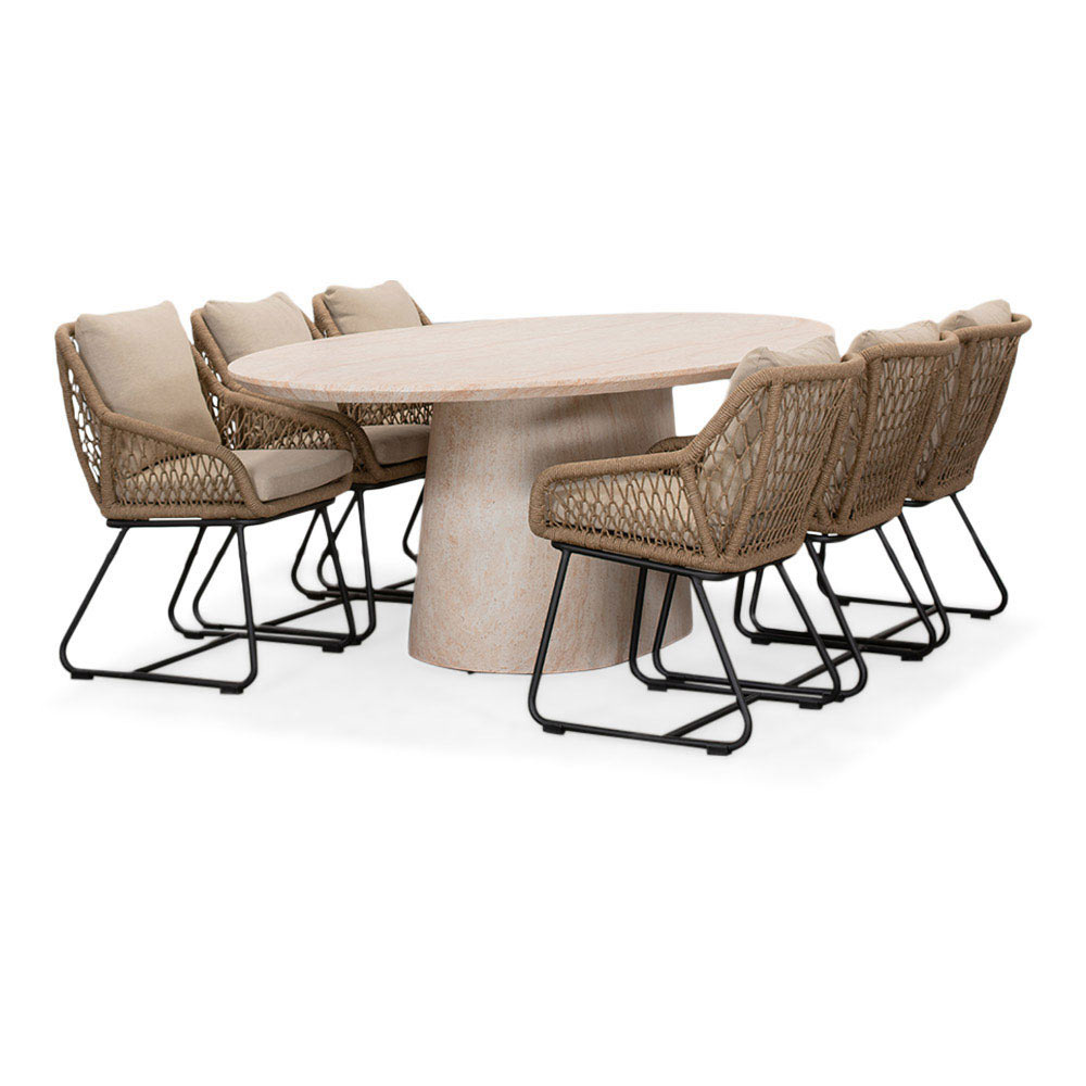 Max/Portofino Sahara Dust dining tuinset | 6 personen | travertin + touw | 240cm ovaal