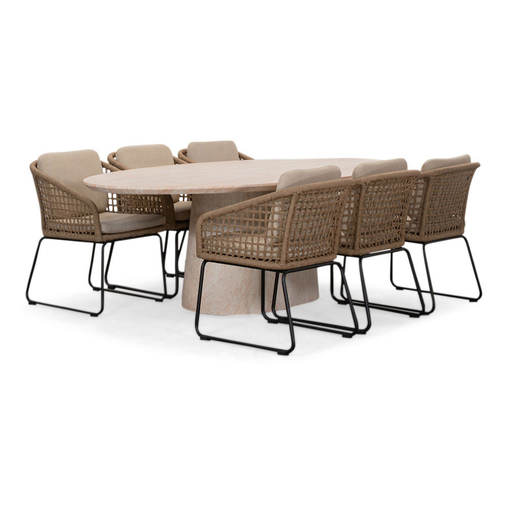 Max/Tulum Sahara Dust dining tuinset | 6 personen | travertin + touw | 240cm ovaal