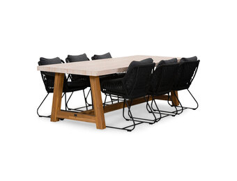 Velora/Portofino zwart dining tuinset | 6 personen | travertin + touw | 250cm
