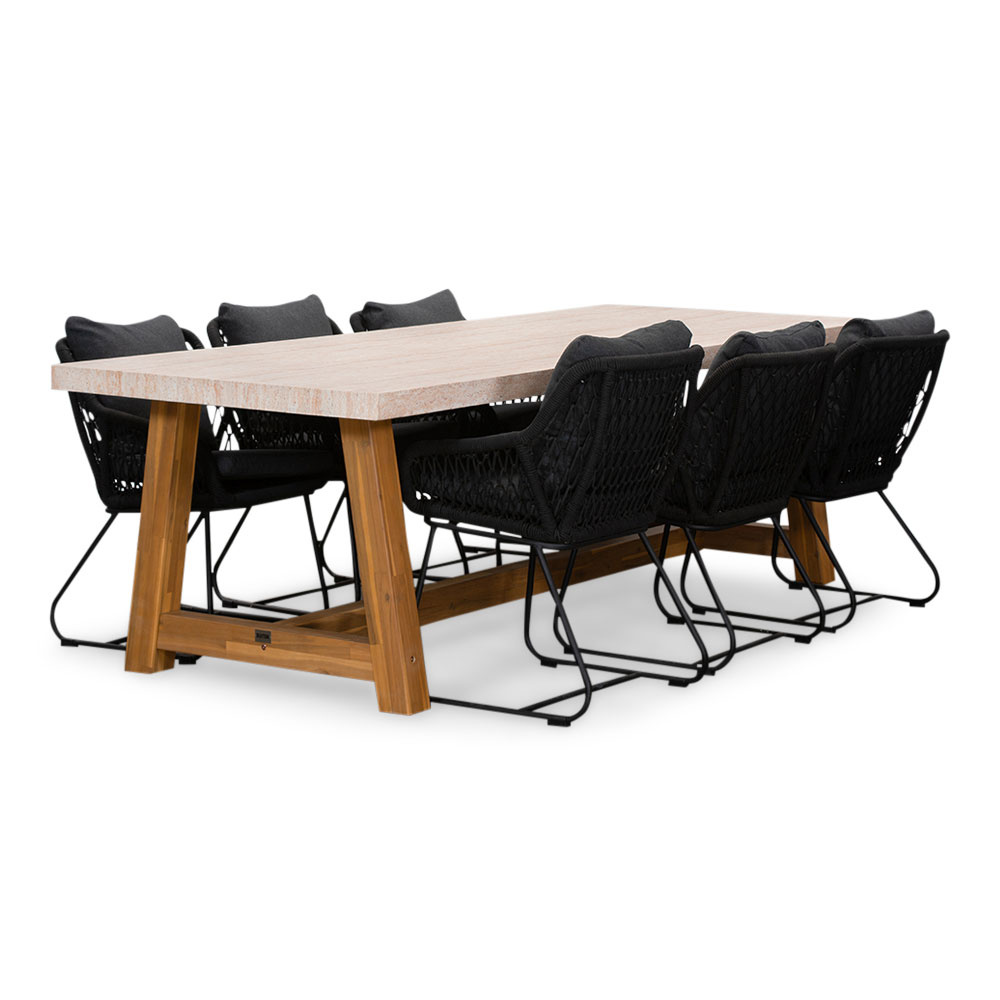 Velora/Portofino zwart dining tuinset | 6 personen | travertin + touw | 250cm