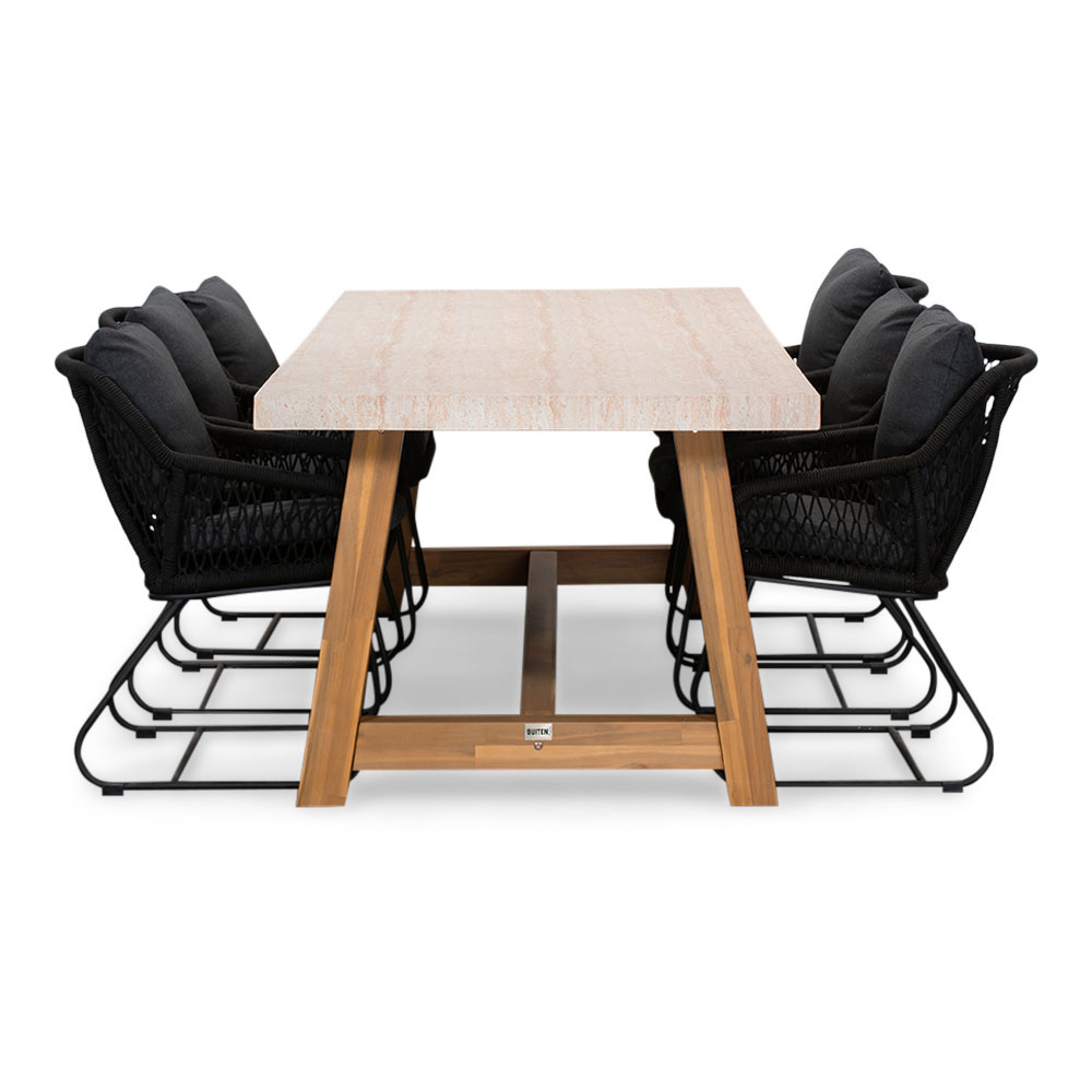 Velora/Portofino zwart dining tuinset | 6 personen | travertin + touw | 250cm
