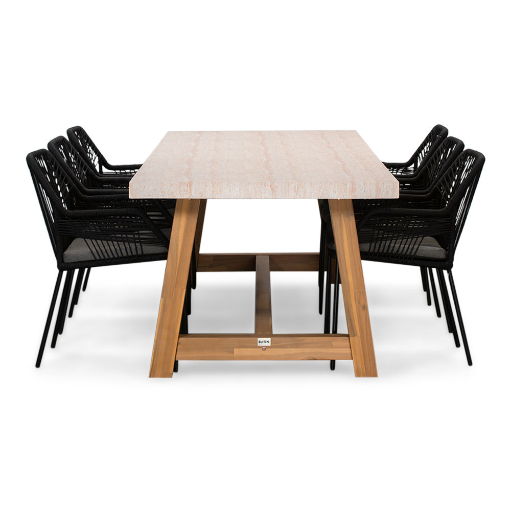 Velora/Seville zwart dining tuinset | 6 personen | travertin + touw | 250cm