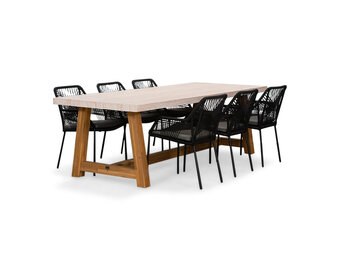 Velora/Seville zwart dining tuinset | 6 personen | travertin + touw | 250cm