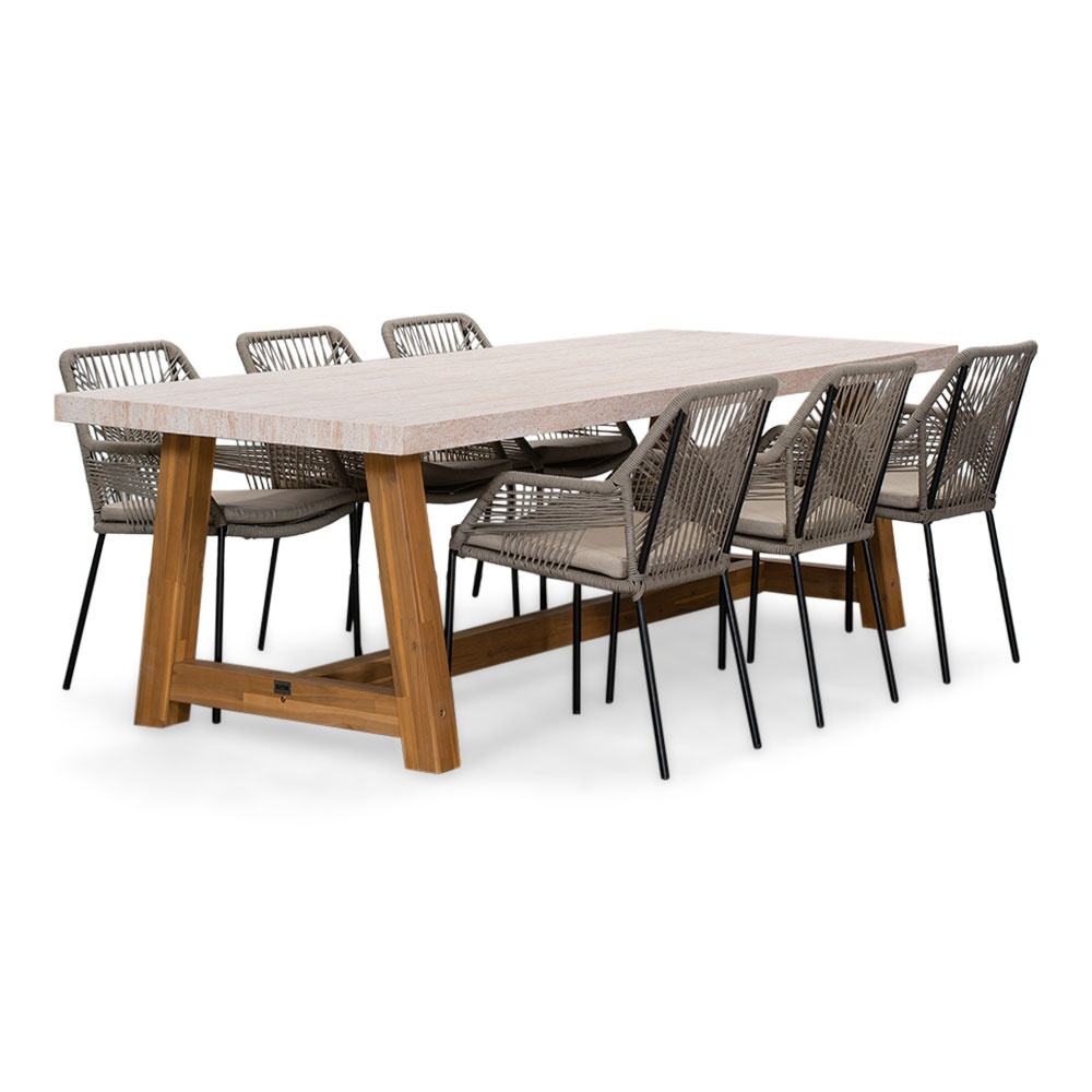 Velora/Seville zand dining tuinset | 6 personen | travertin + aluminium | 250cm afbeelding