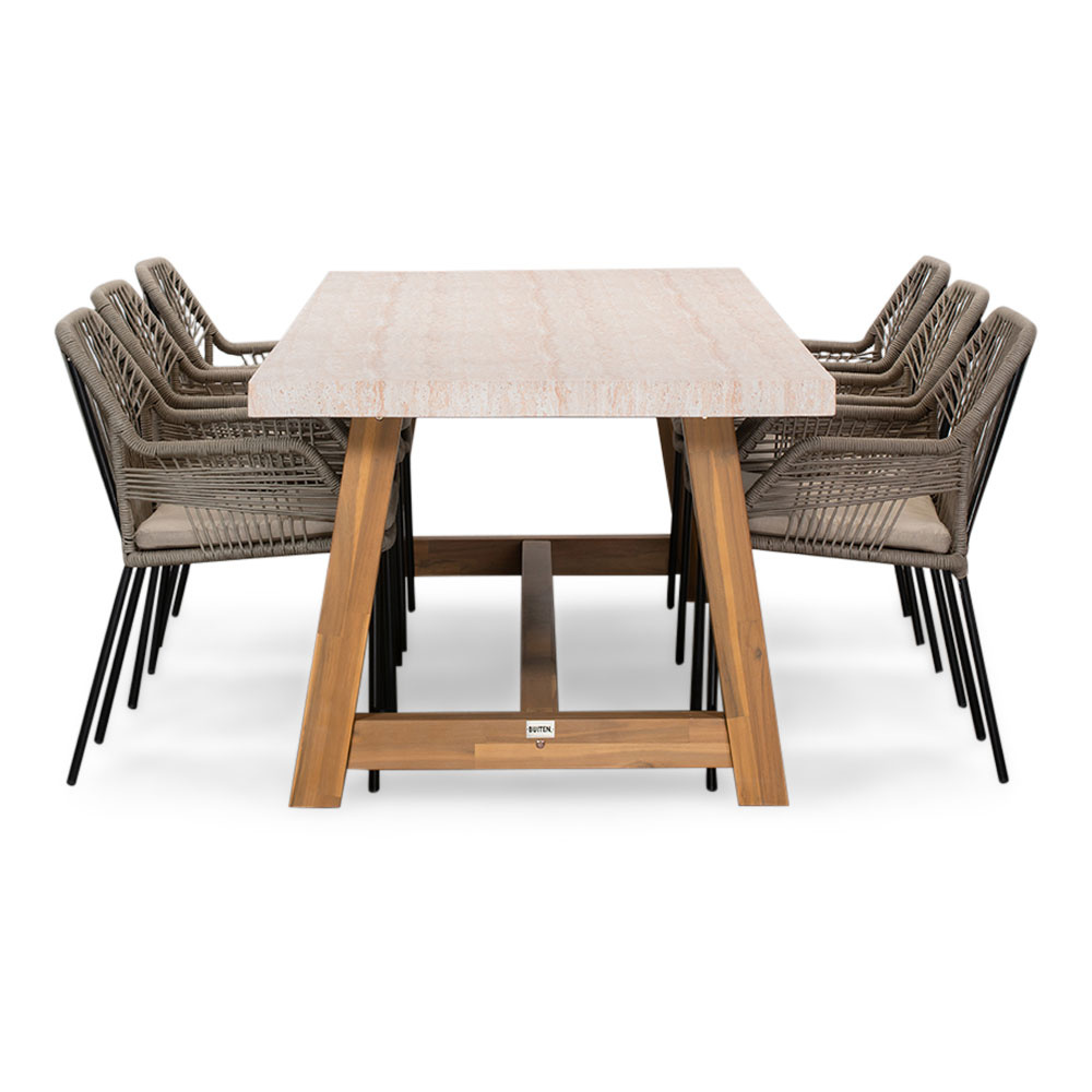 Velora/Seville zand dining tuinset | 6 personen | travertin + aluminium | 250cm