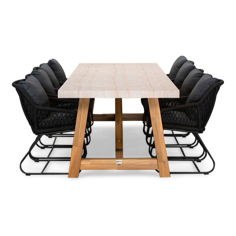 Velora/Portofino zwart dining tuinset | 8 personen | travertin + touw | 300cm