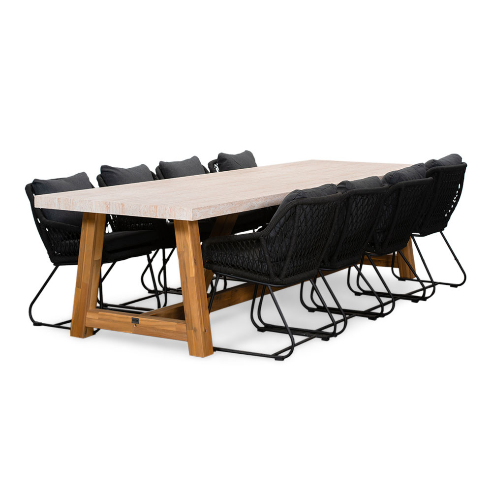 Velora/Portofino zwart dining tuinset | 8 personen | travertin + touw | 300cm afbeelding