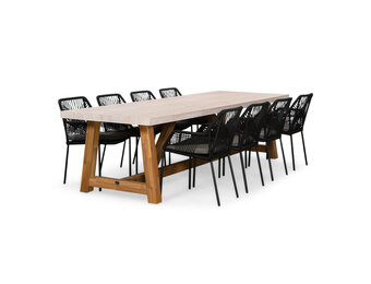 Velora/Seville zwart dining tuinset | 8 personen | travertin + touw | 300cm