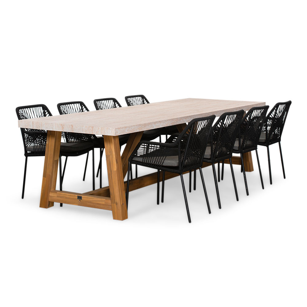 Velora/Seville zwart dining tuinset | 8 personen | travertin + touw | 300cm afbeelding