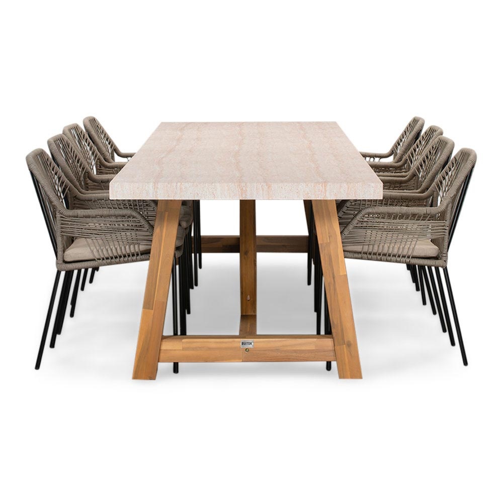 Velora/Seville zand dining tuinset | 8 personen | travertin + aluminium | 300cm