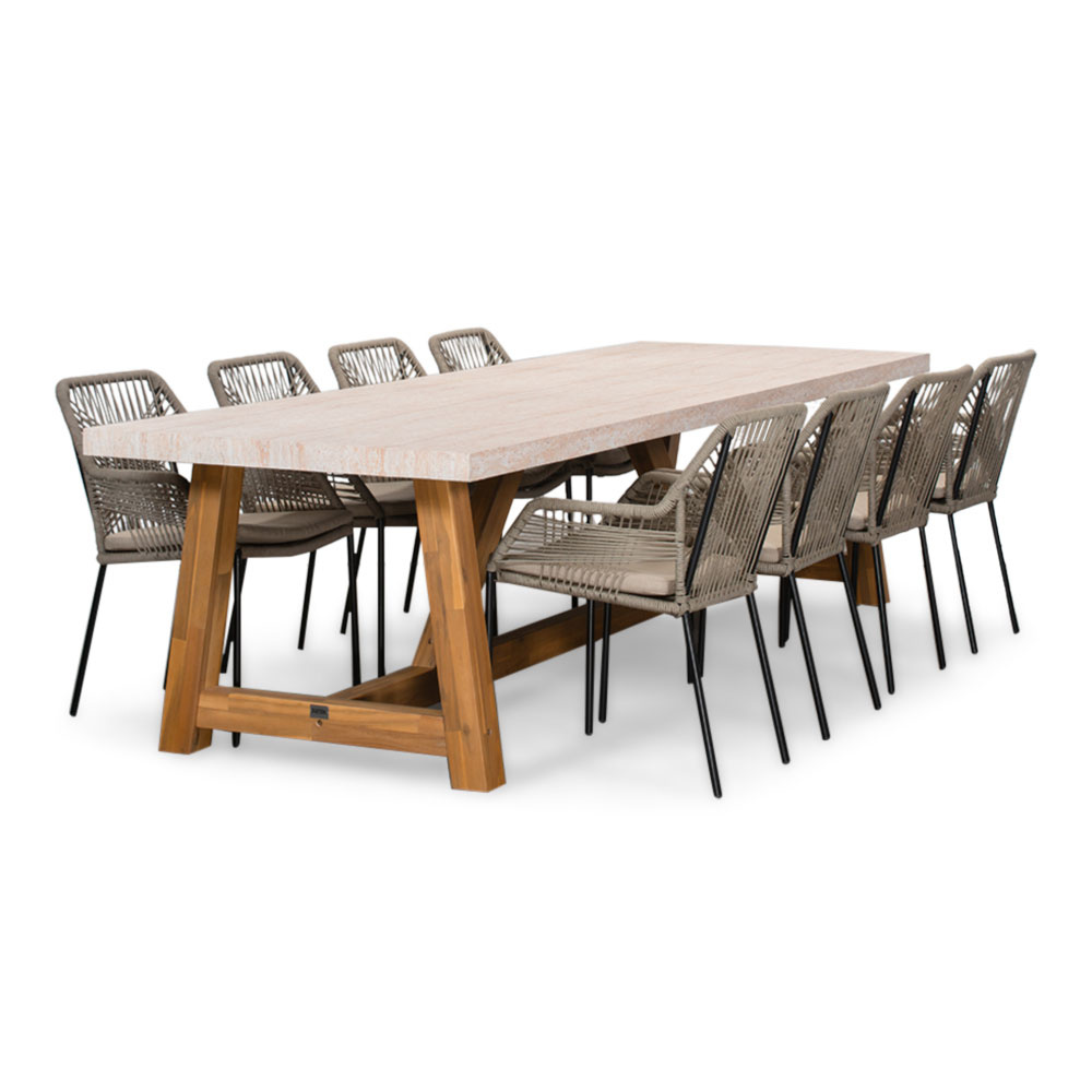Velora/Seville zand dining tuinset | 8 personen | travertin + aluminium | 300cm afbeelding
