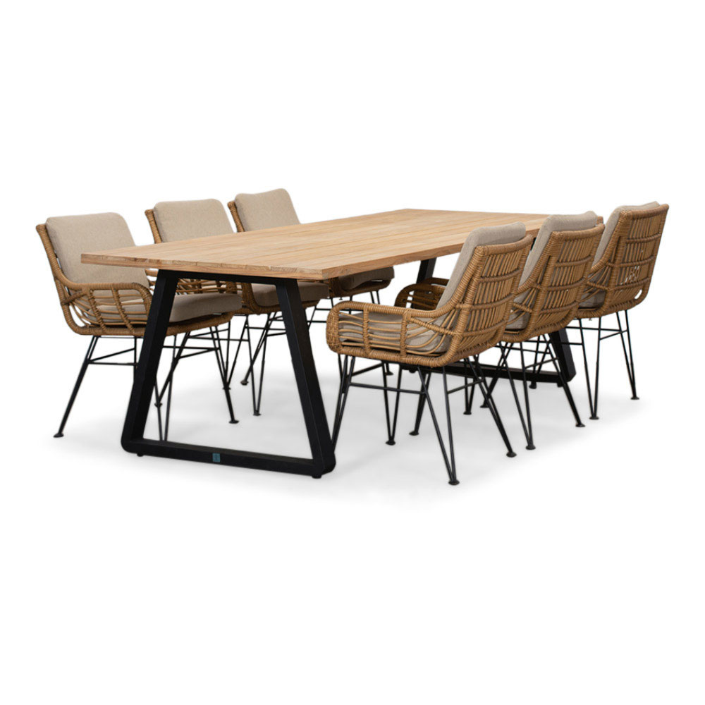 Elena/Carlos taupe dining tuinset | 6 personen | teakhout + wicker | 240cm